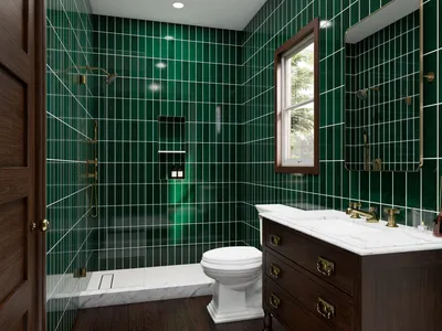 Bathroom Design Package with Green Tile and Fireclay Bath Fixtures
